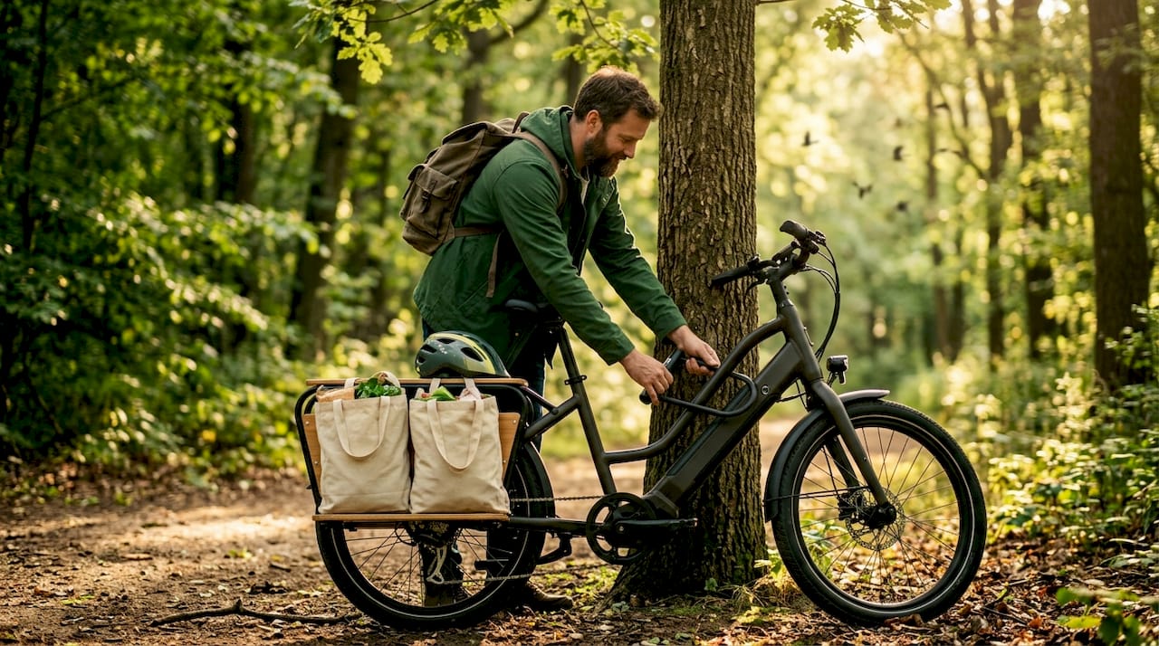 Man locking cargo e-bike on city sidewalk