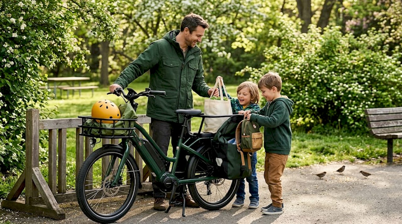 Family unloading groceries from cargo e-bike