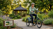 Woman riding electric trike in urban park