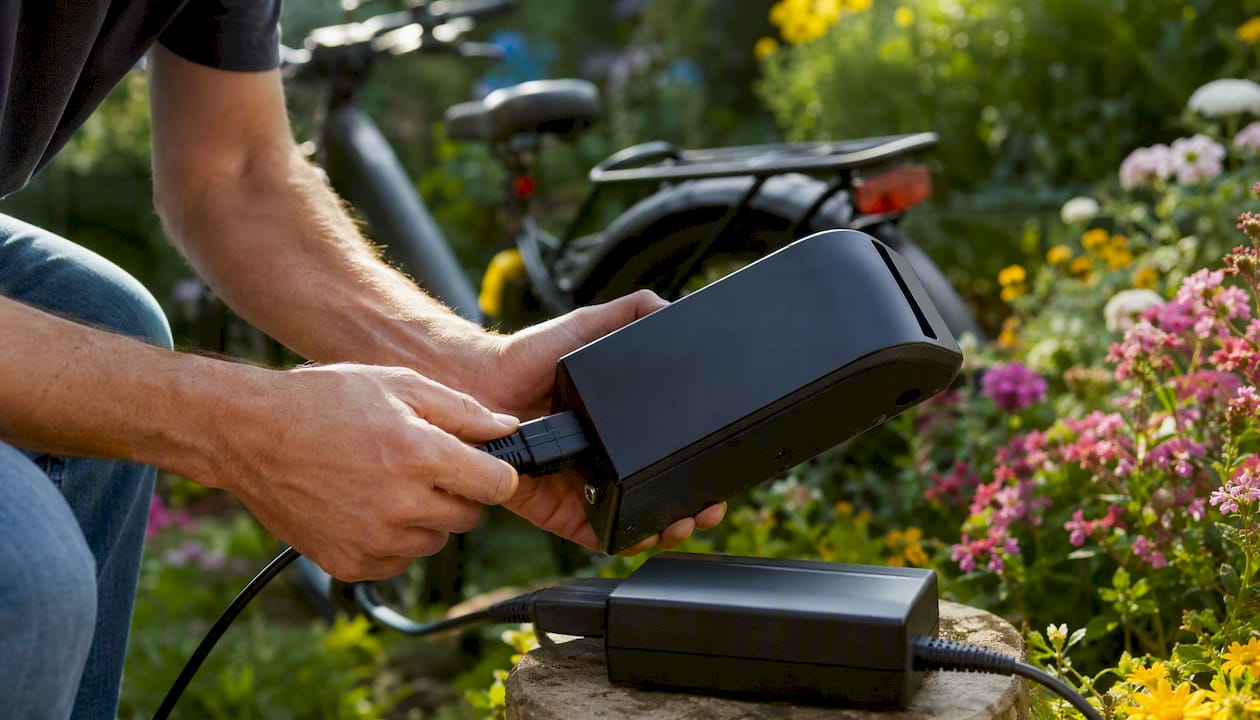 Hands plugging charger into e-bike battery outdoors
