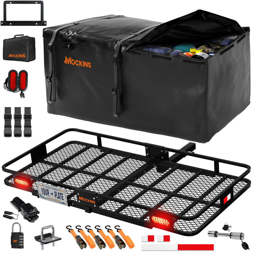 MOCKINS - 72"x 36"x 6" XXL Hitch Carrier Rack + Rear Lights & 50 Cu ft Cargo Bag