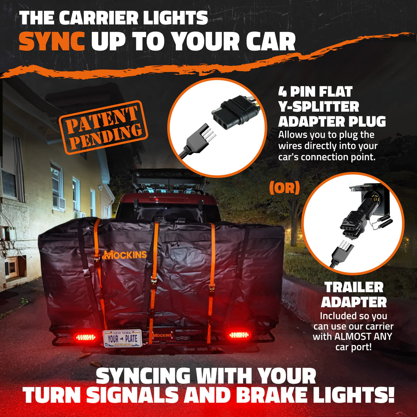MOCKINS - 72"x 36"x 6" XXL Hitch Carrier Rack + Rear Lights & 50 Cu ft Cargo Bag