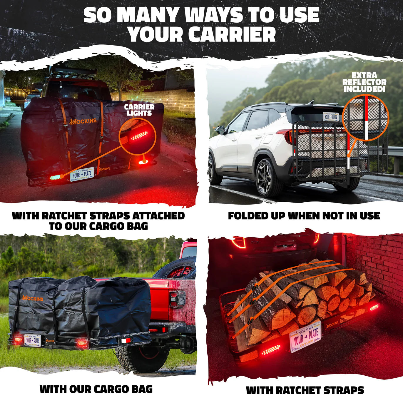 MOCKINS - 72"x 36"x 6" XXL Hitch Carrier Rack + Rear Lights & 50 Cu ft Cargo Bag