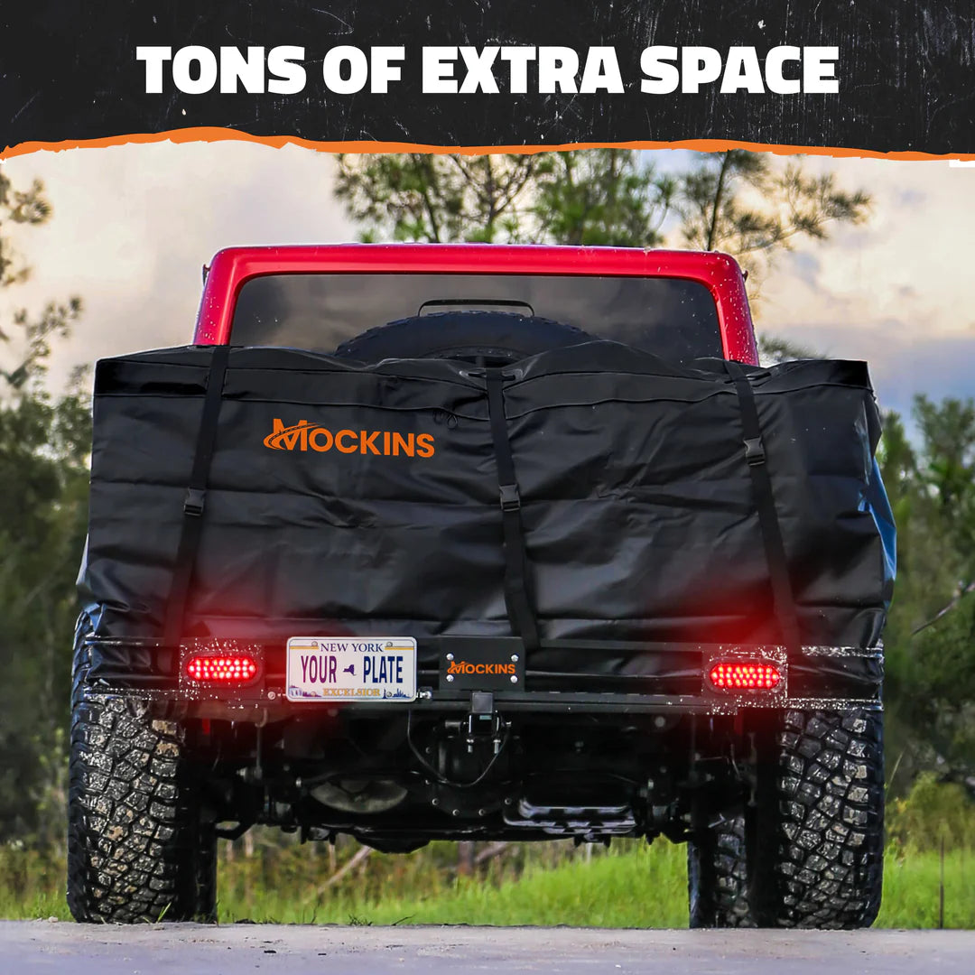 MOCKINS - 72"x 36"x 6" XXL Hitch Carrier Rack + Rear Lights & 50 Cu ft Cargo Bag