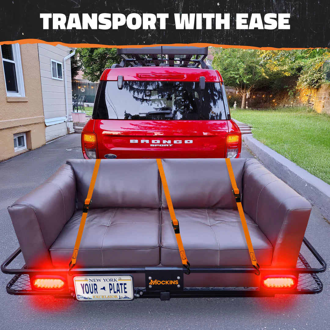 MOCKINS - 72"x 36"x 6" XXL Hitch Carrier Rack + Rear Lights & 50 Cu ft Cargo Bag
