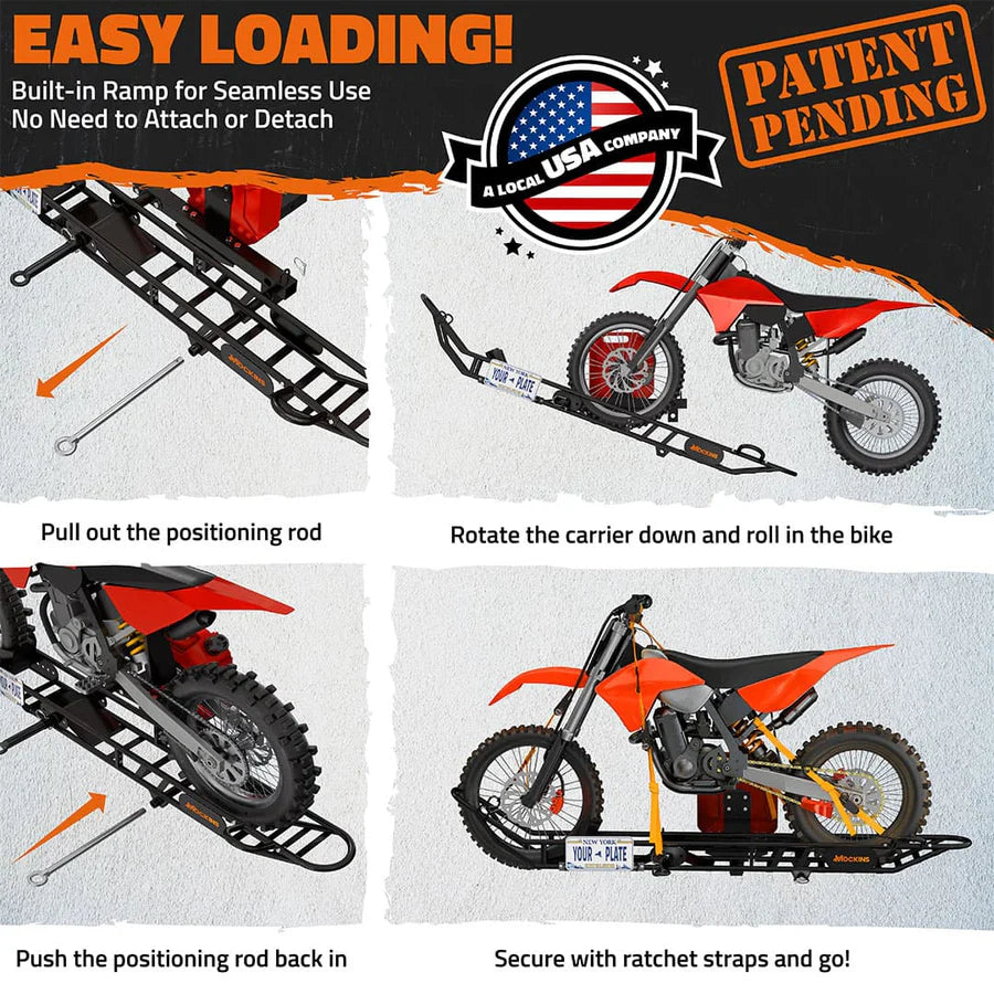 MOCKINS - 83" Heavy Duty Dirt Bike & E-Bike Hitch Carrier & Tilting Loading Ramp