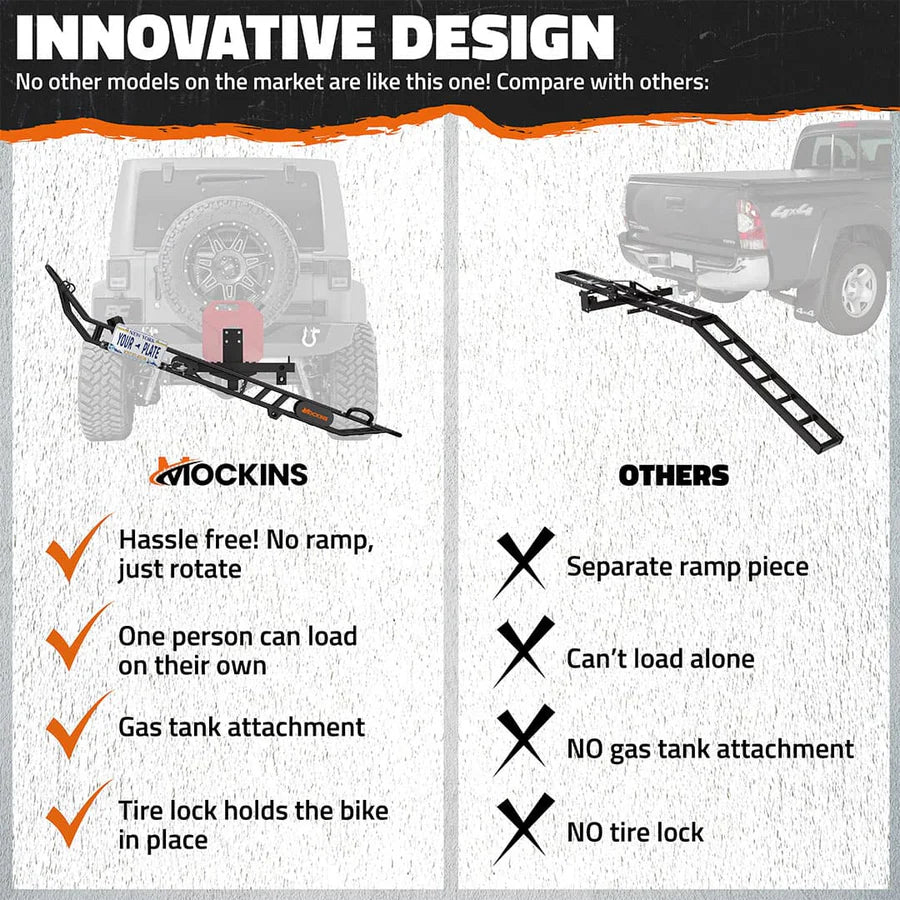 MOCKINS - 83" Heavy Duty Dirt Bike & E-Bike Hitch Carrier & Tilting Loading Ramp
