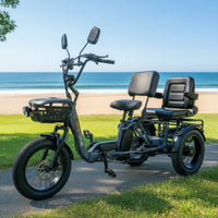 Black electric tricycle with two seats on a white background