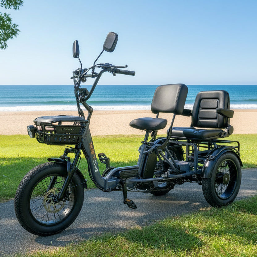 Black electric tricycle with two seats on a white background